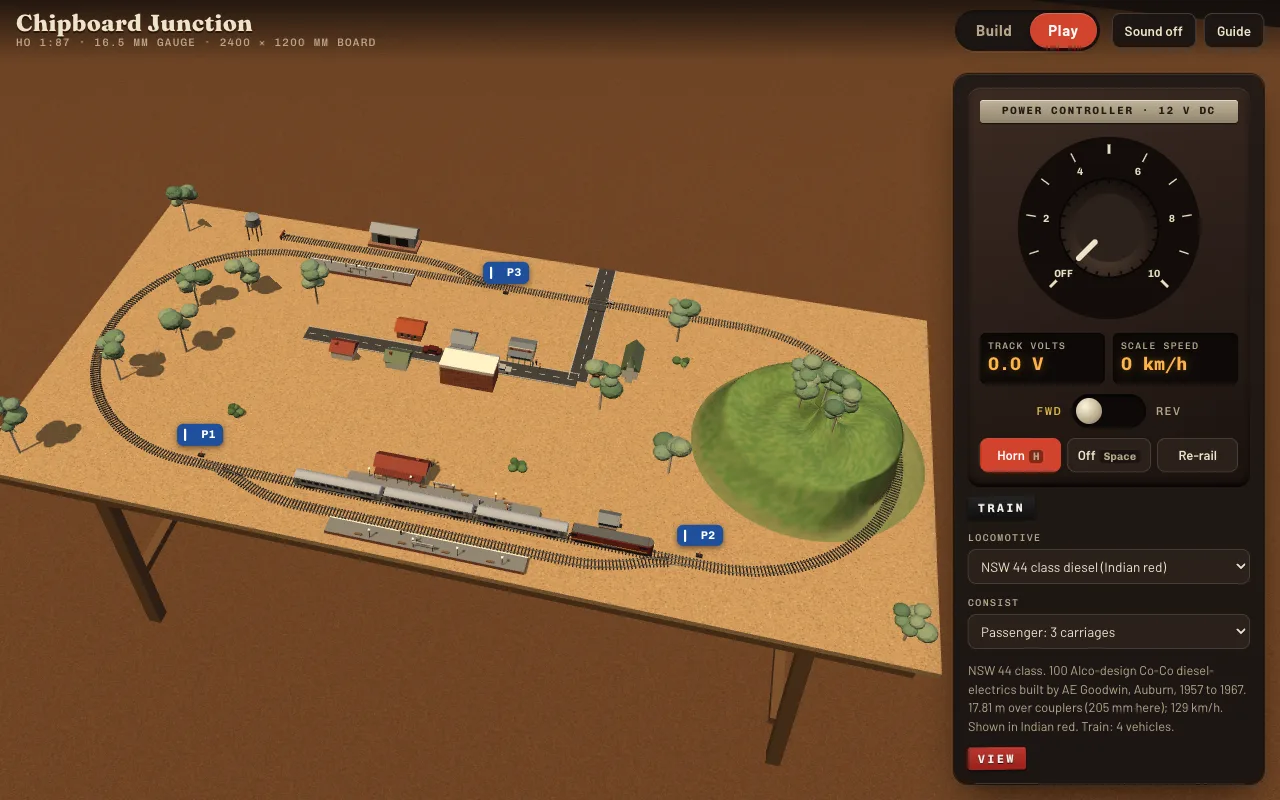 Chipboard Junction: a 3D HO train layout on a chipboard table with a station, township, tunnel hill and power controller