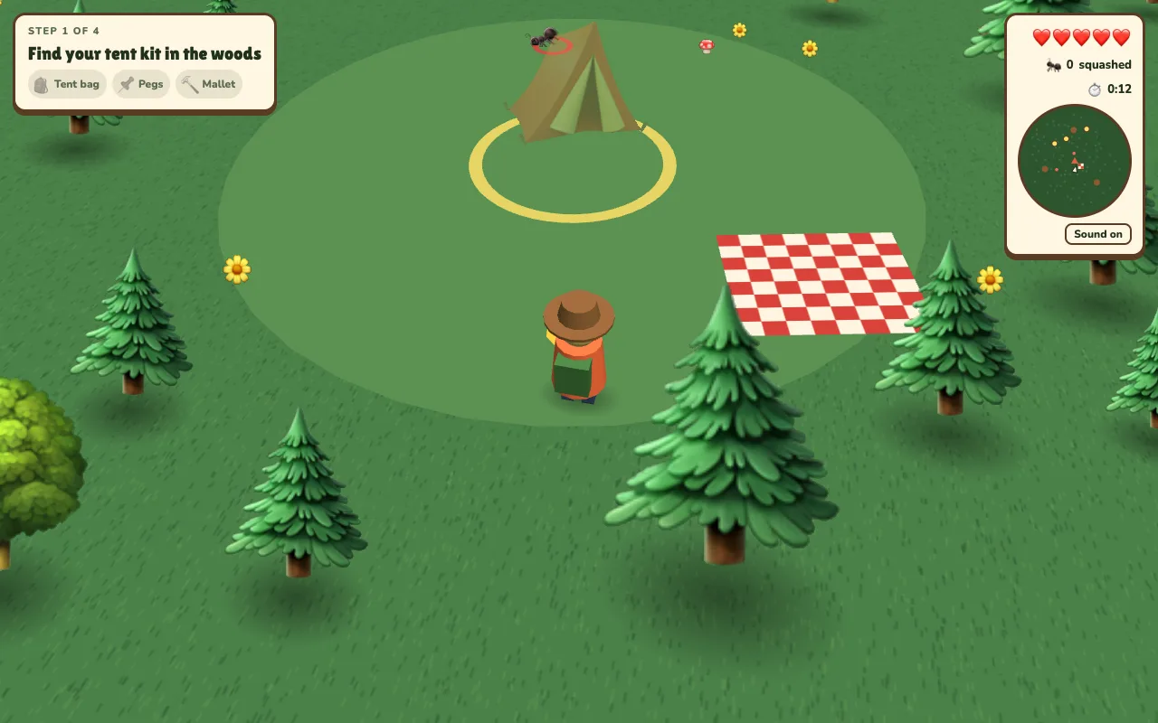 Picnic Panic: a hiker in a woodland clearing beside a tent ring and a red checked picnic blanket